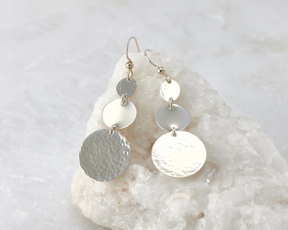 Hammered Sterling Silver Disc Earrings – Long Dangle Drop Design