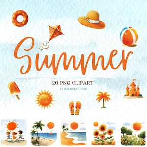 Sunny Summer Fun 20 PNG Stickers Beach Vibes Cute Aesthetic Clipart, Vacation Cartoon Illustration for DIY Cards & Journaling