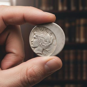 May include: A silver coin held between fingers, featuring a profile of a woman with flowing hair and the inscription "LIBERTY". The coin has a crescent-shaped design on the right side. The background is a blurred bookshelf.