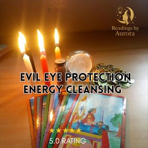 May include: A photograph showing lit candles, a crystal ball, and tarot cards. The text "EVIL EYE PROTECTION ENERGY CLEANSING" is visible. The image also includes a 5.0 rating.