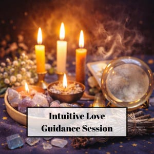 Puede incluir: Una escena espiritual con velas encendidas, cristales y una bola de cristal. El texto "Intuitive Love Guidance Session" se muestra en un rectángulo blanco. La escena está ambientada sobre una tela azul oscuro.
