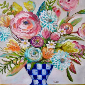 flower bouquet in vase original acrylic folk art painting on canvas expressionistic floral still life