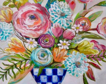 flower bouquet in vase original acrylic folk art painting on canvas expressionistic floral still life