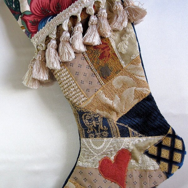 Christmas stocking in cream and navy Victorian crazy quilt patchwork with bittersweet heart and cream trim