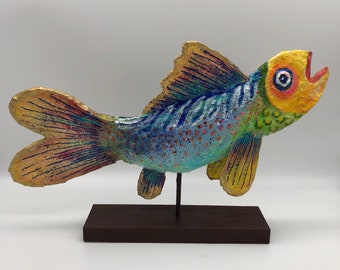 Fish sculpture paper mache folk art