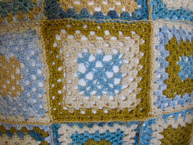 crochet cushion granny square pillow cover with white faux fur tassels handmade