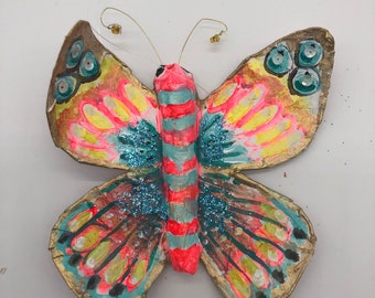 Paper mache butterfly ornament handmade folk art sculpture hand painted USA made one of a kind