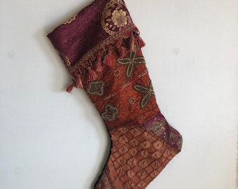 Handmade Christmas stocking Nepalese beaded fabric brocade cuff black velvet back