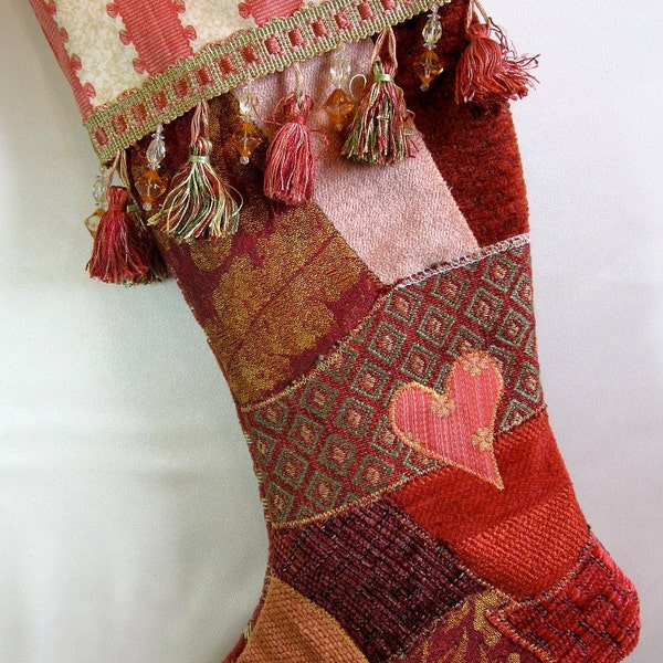 Christmas Stocking  in red Victorian crazy quilt patchwork with pink star and tassel/bead trim