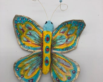 Paper mache butterfly ornament handmade folk art sculpture hand painted USA made one of a kind