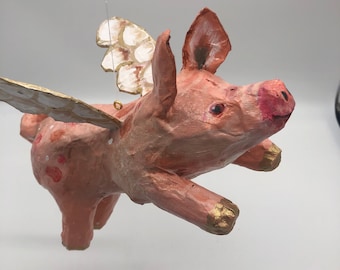 pig flying paper mache folk art sculpture handmade