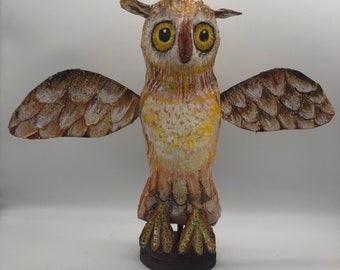 Owl folk art paper mache sculpture handmade bird