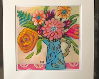 original acrylic folk art floral bouquet on paper with matte one of a kind