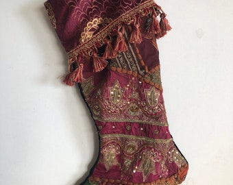 Handmade Christmas stocking Nepalese beaded fabric brocade cuff black velvet back