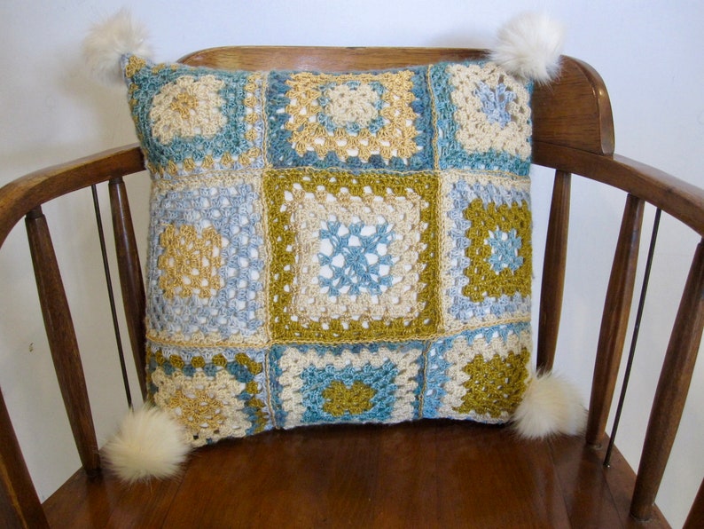 crochet cushion granny square pillow cover with white faux fur tassels handmade