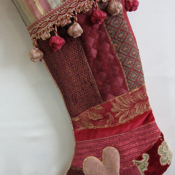 Christmas Stocking  in rose and pink Victorian crazy quilt patchwork with pink heart and  fancy ball trim