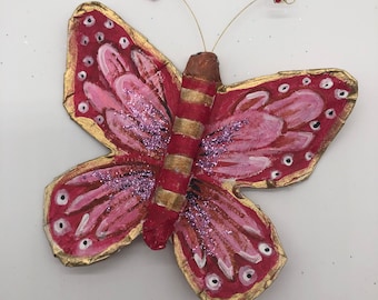 Paper mache butterfly ornament handmade folk art sculpture hand painted USA made one of a kind