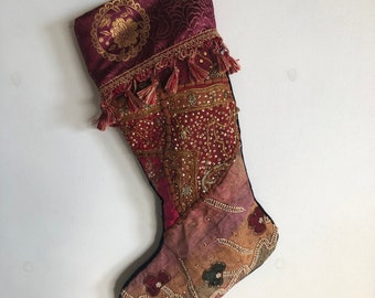 Handmade Christmas stocking Nepalese beaded fabric brocade cuff black velvet back