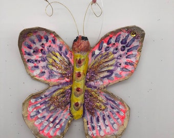 Paper mache butterfly ornament handmade folk art sculpture hand painted USA made one of a kind