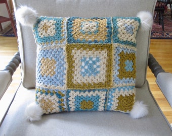 crochet cushion, granny square accent pillow  with white faux fur tassels handmade