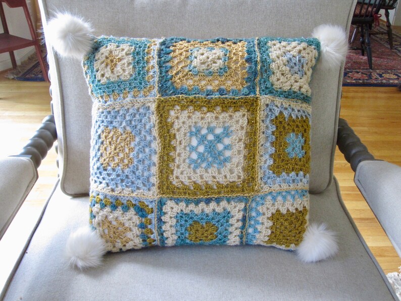 crochet cushion granny square pillow cover with white faux fur tassels handmade
