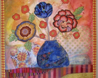 flower collage of fabric art and painting, mixed media quilted 23" square