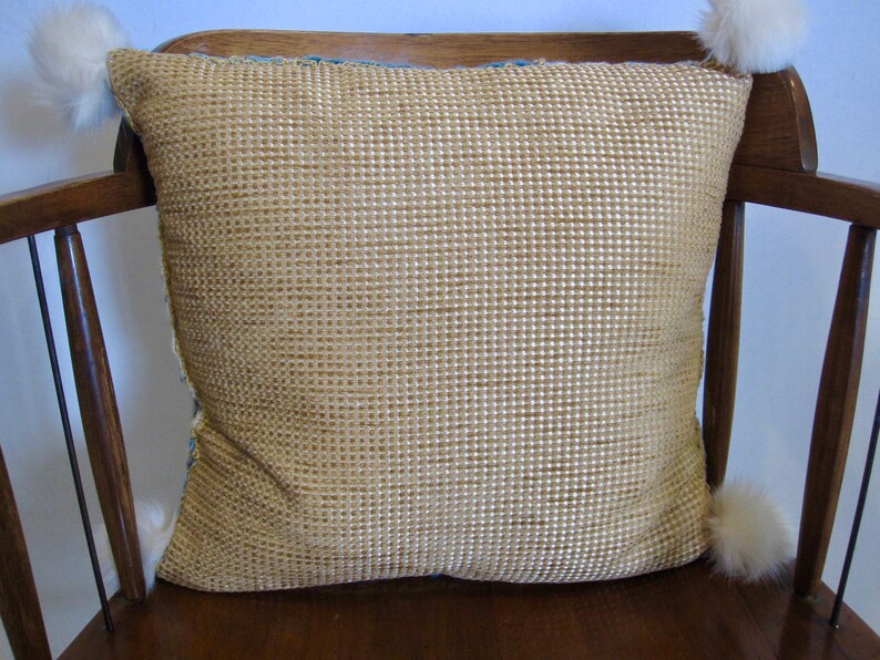 crochet cushion granny square pillow cover with white faux fur tassels handmade