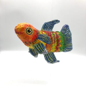 Folk art fish paper mache ornament, handmade, hand painted with silver sparkle