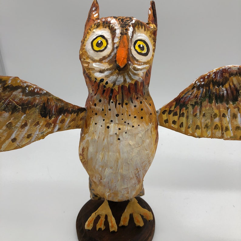 Owl Folk Art Paper Mache Sculpture Handmade Bird Etsy