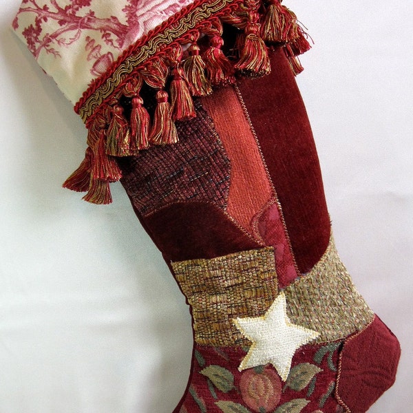 Christmas Stocking  in red, cranberry, rose Victorian crazy quilt patchwork with white star