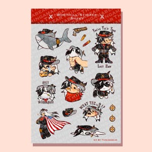May include: A sheet of stickers featuring various cartoon characters in a western theme. The characters are wearing cowboy hats and have different expressions. The stickers include a shark, a cowboy with a gun, a cowboy with a guitar, a cowboy with a dog, and a cowboy with a surprised expression. The text "You've Yee'd Your Last Haw" is included on one of the stickers.