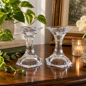 Vintage Lead Crystal Candle Holders, German Crystal Candlesticks, Hexagonal Base, Mid Century Modern- set of 2- Heavy (0.800 kg each)