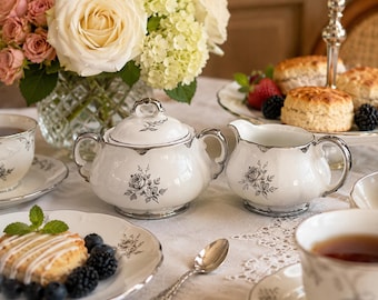 Vintage Elegance China Creamer & Covered Sugar Bowl Set White Porcelain with Platinum Trim - set of 2