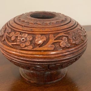 Hand-Carved Wooden Decorative Vessel with Floral Design - Artisan Pedestal Bowl- No lid