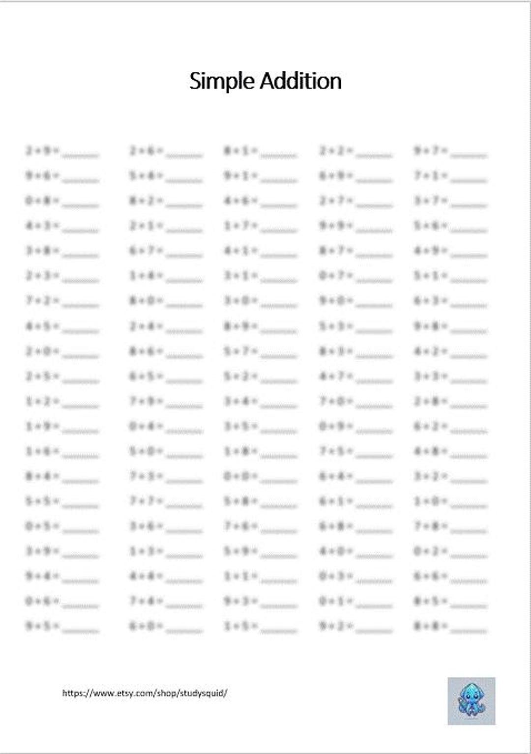 Simple Addition Worksheet With Solutions - Etsy