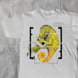 Può includere: T-shirt bianca con un'illustrazione gialla e verde di una figura con una coda a forma di camaleonte. Il design include la parola "FLA" e il testo "your of the weak". La maglietta ha maniche corte e girocollo.