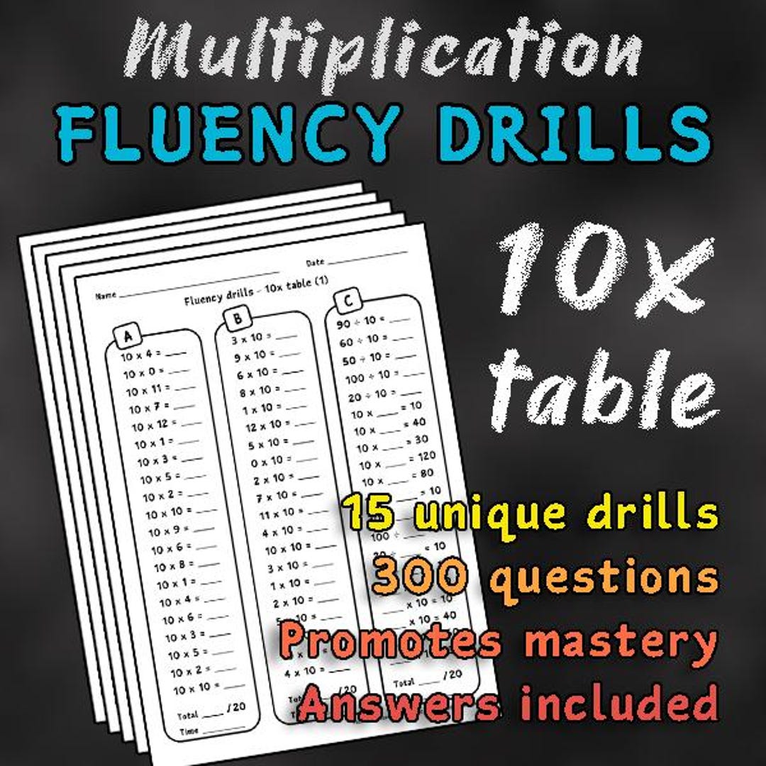 Times Table Fluency Drills Worksheets for 10x Table. Suitable for Both ...