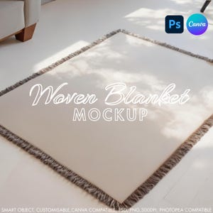 Woven Blanket Mockup PSD & Canva Template – Fringed Throw Mockup for Printify and Gooten | Jacquard Blanket Mockup Bundle | Woven Mockup