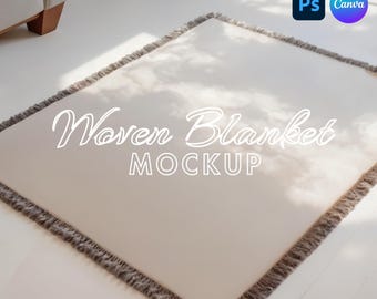 Woven Blanket Mockup PSD & Canva Template – Fringed Throw Mockup for Printify and Gooten | Jacquard Blanket Mockup Bundle | Woven Mockup