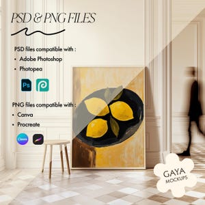 May include: A framed artwork featuring a still life of lemons on a black plate. The painting is in a wooden frame and is displayed in a room with a small wooden stool. Text at the top reads "PSD & PNG FILES".