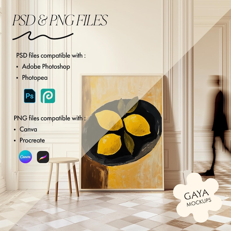 May include: A framed artwork featuring a still life of lemons on a black plate. The painting is in a wooden frame and is displayed in a room with a small wooden stool. Text at the top reads "PSD & PNG FILES".