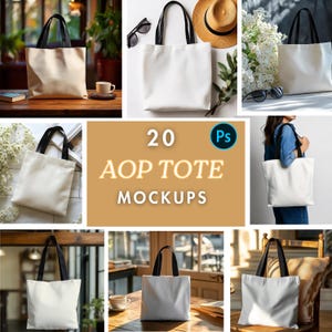 May include: Twenty tote bag mockups with black handles. The bags are white and are shown in various settings, including a coffee shop, a bedroom, and a park.