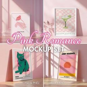 Ensemble de 4 maquettes murales roses | Maquette d'affiche de la Saint-Valentin | Lot de maquettes de cadre | Maquette PSD et PNG | Maquette d'art romantique