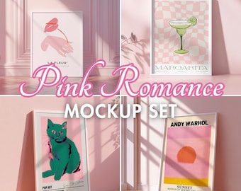 May include: A mockup set featuring four framed art prints with pink and white themes. The prints include a hand holding a flower, a margarita, a green cat, and an Andy Warhol sunset. The text "Pink Romance Mockup Set" is displayed.