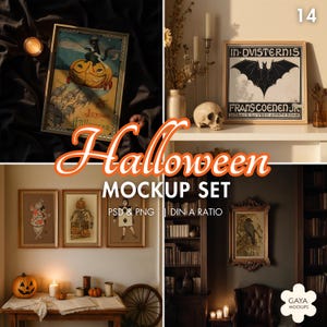 May include: A Halloween mockup set with framed vintage art prints and decorative items. The set includes a black cat on a pumpkin, a bat illustration, and other spooky designs. The text "Halloween Mockup Set" is displayed.