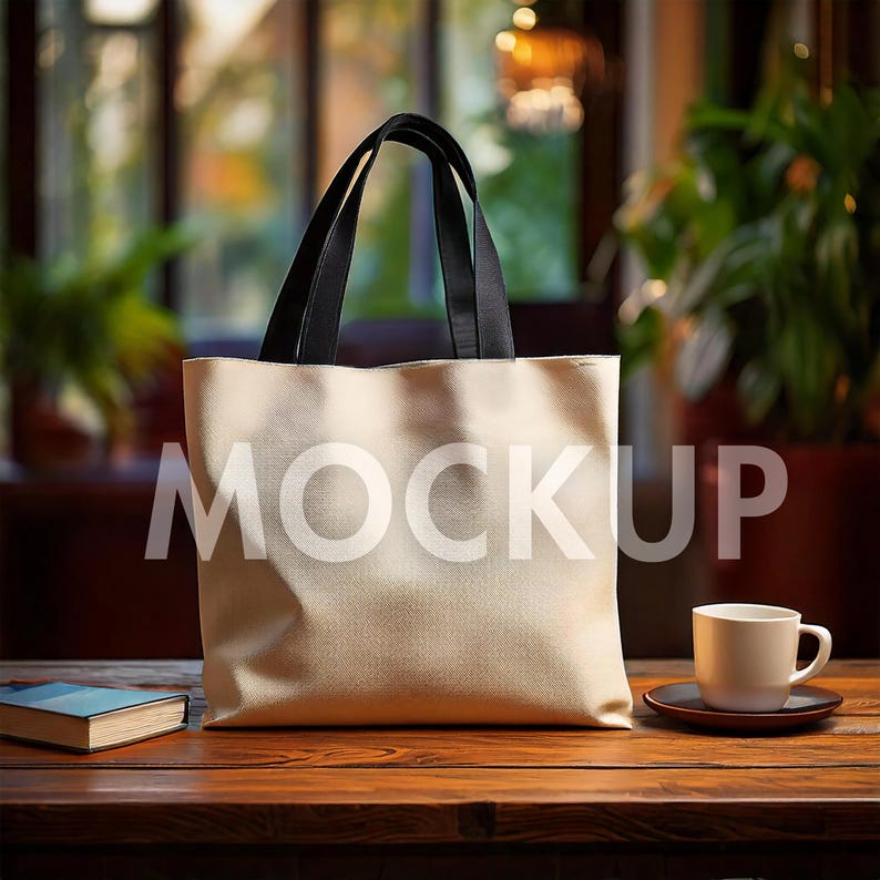 May include: A white canvas tote bag with black handles. The bag is sitting on a wooden table with a white coffee cup and saucer.
