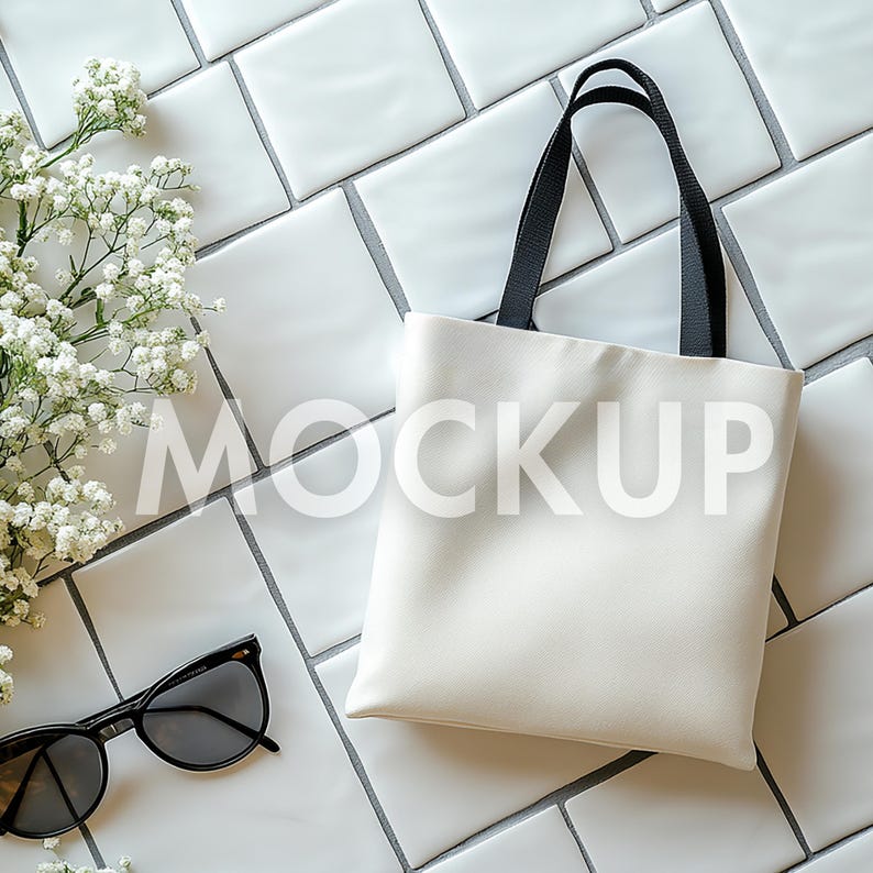 May include: Cream-colored tote bag with black handles, sunglasses, and white flowers on a white tile background. The word "MOCKUP" is printed on the bag. The tote bag is a simple, minimalist design.
