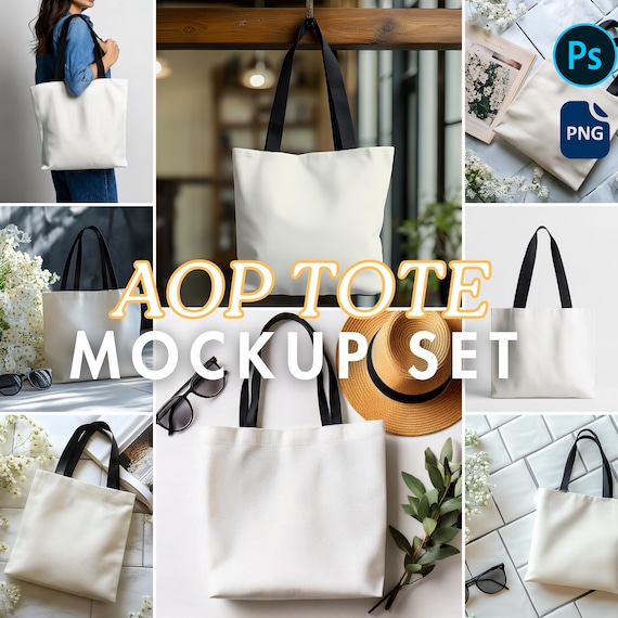 Printify AOP Tote Bag Mockup Set | 9 PSD & PNG Mockups | Printify Tote Mockup | Canva Tote Mockup | Tote Bag Branding Kit