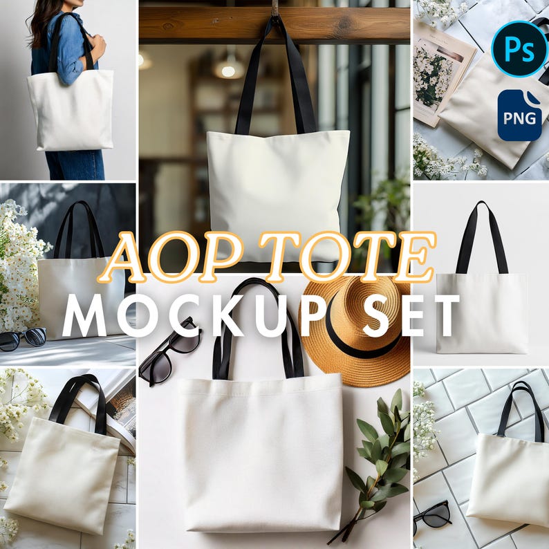 May include: A mockup set featuring several white tote bags with black handles. The bags are displayed in various settings, including a person carrying one, and styled with accessories like sunglasses and a straw hat. The text "AOP TOTE MOCKUP SET" is overlaid.