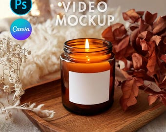 Maqueta de video de vela ámbar / Maqueta de vela bohemia / Maqueta de vela de soja de 9 oz / Maqueta de frasco de vela PSD y Canva / Video de vela de Printify